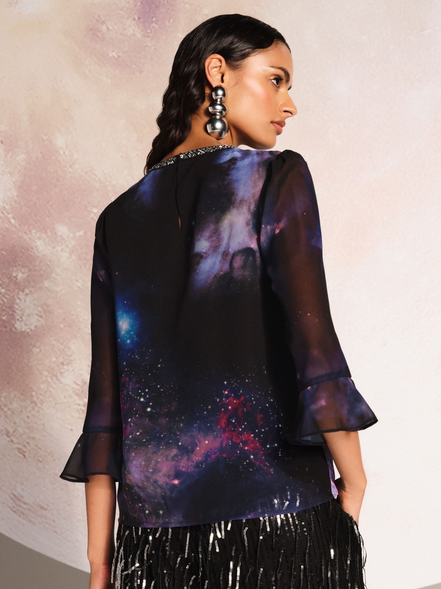 Buy Love & Roses Black Galaxy Print Embellished Flute Sleeve
