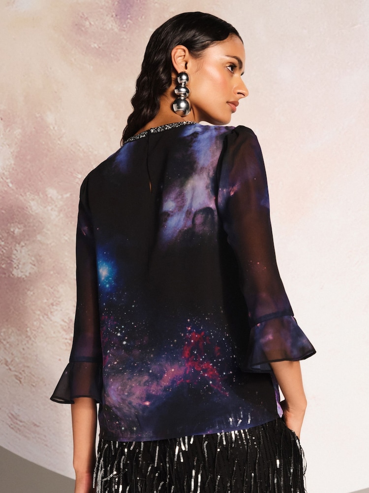 Love & Roses Black Galaxy Print RO Embellished Flute Sleeve Blouse - Image 4 of 4