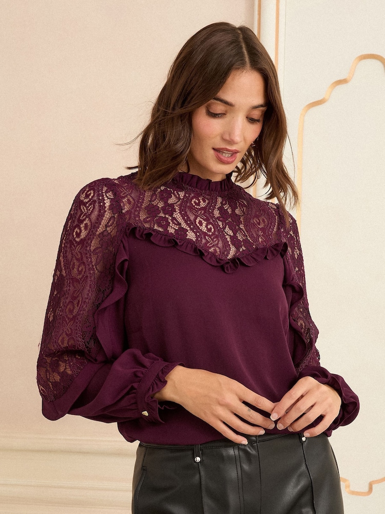 Love & Roses Burgundy Crew Neck Lace Yoke Long Sleeve Blouse - Image 1 of 4