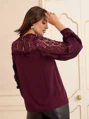 Love & Roses Burgundy Crew Neck Lace Yoke Long Sleeve Blouse - Image 4 of 4