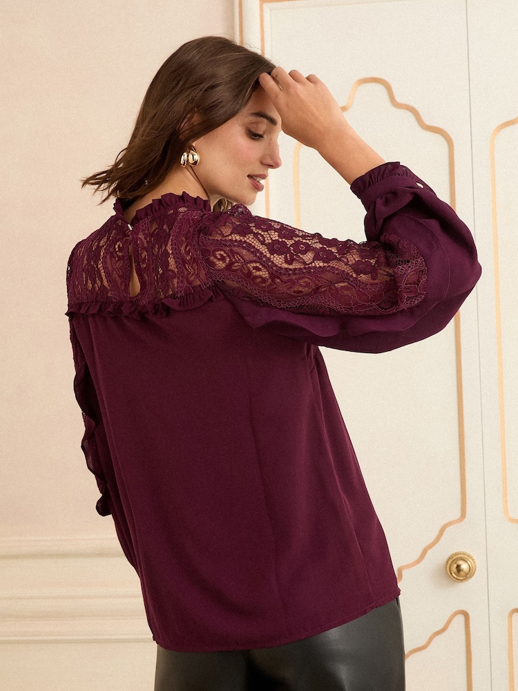 Love & Roses Burgundy Crew Neck Lace Yoke Long Sleeve Blouse - Image 4 of 4