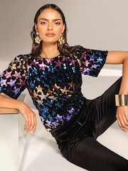 Love & Roses Multi RO Star Sequin Short Sleeve Top - Image 1 of 4