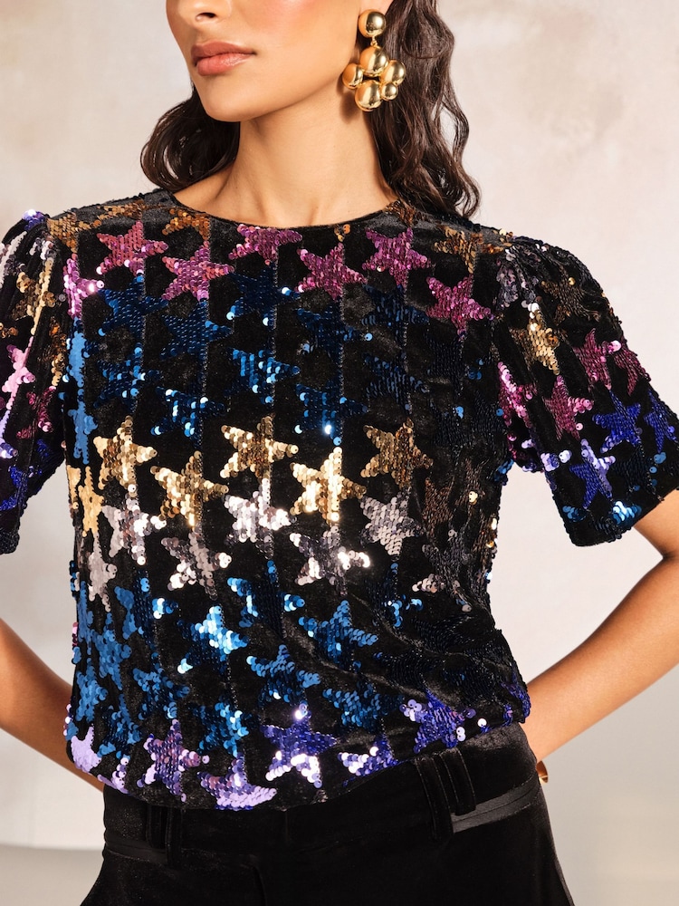Love & Roses Multi RO Star Sequin Short Sleeve Top - Image 2 of 4