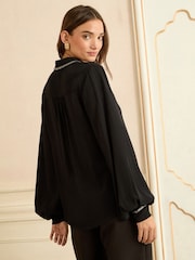 Love & Roses Black Scallop Button Through Long Sleeve Shirt - Image 2 of 4