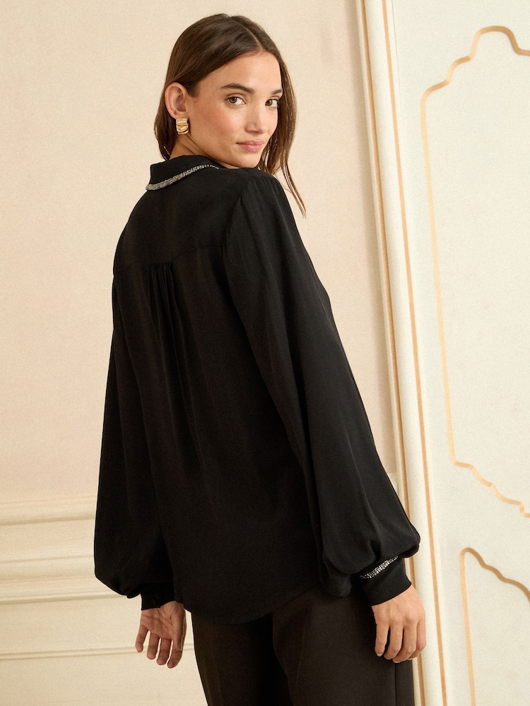 Love & Roses Black Scallop Button Through Long Sleeve Shirt - Image 2 of 4