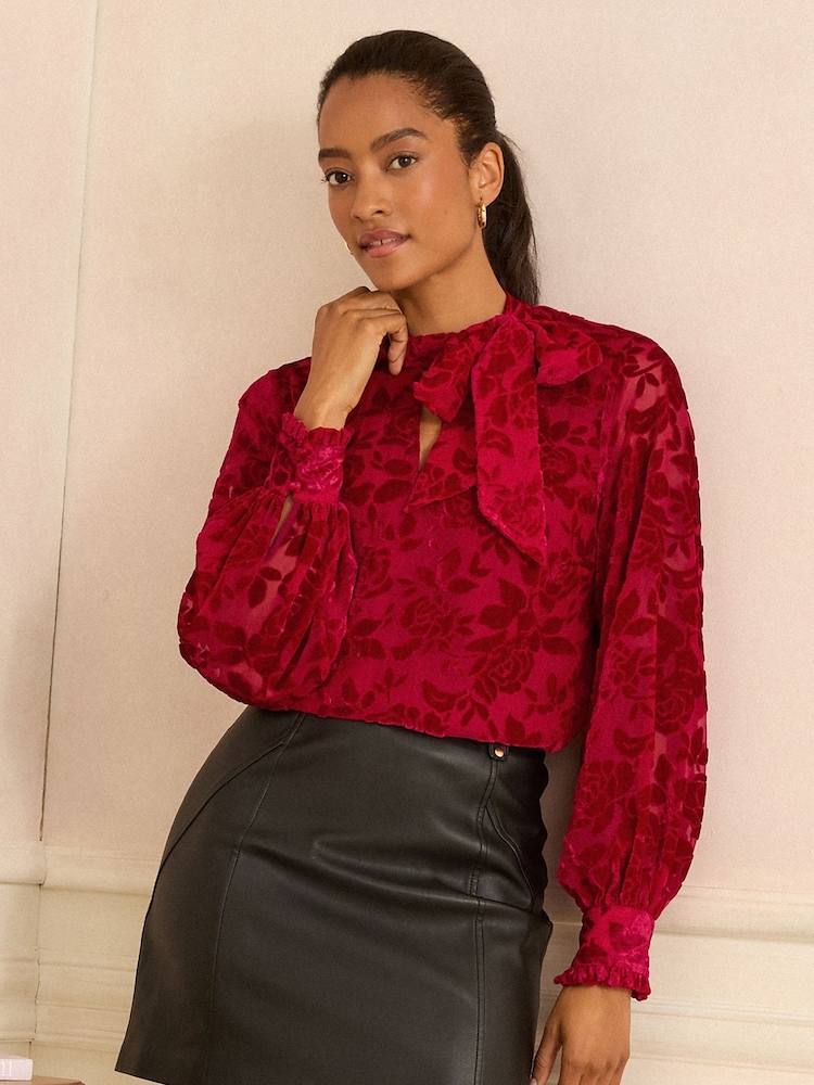 Love & Roses Red Velvet Burnout Long Sleeve Pussybow Blouse - Image 1 of 4