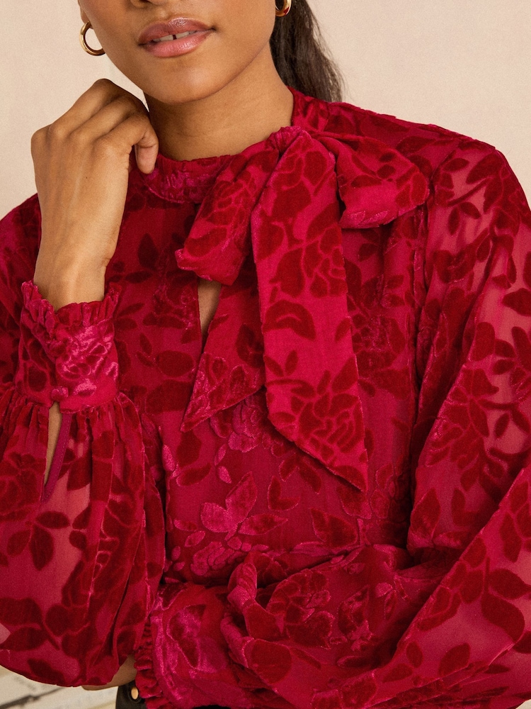 Love & Roses Red Velvet Burnout Long Sleeve Pussybow Blouse - Image 2 of 4