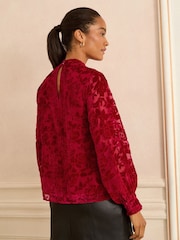 Love & Roses Red Velvet Burnout Long Sleeve Pussybow Blouse - Image 4 of 4