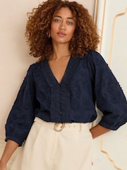 Love & Roses Navy Blue 3D Floral Print 3/4 Sleeve V-Neckline Blouse - Image 1 of 4