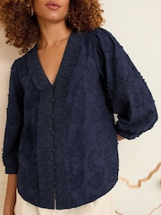 Love & Roses Navy Blue 3D Floral Print 3/4 Sleeve V-Neckline Blouse - Image 2 of 4