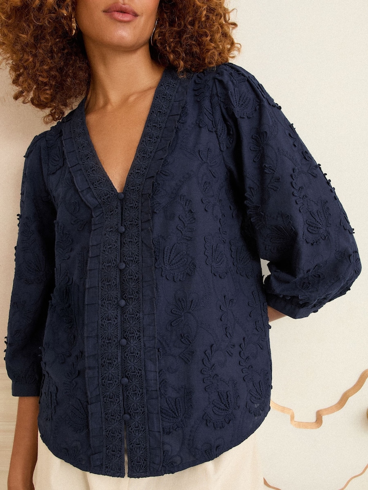 Love & Roses Navy Blue 3D Floral Print 3/4 Sleeve V-Neckline Blouse - Image 2 of 4