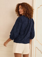 Love & Roses Navy Blue 3D Floral Print 3/4 Sleeve V-Neckline Blouse - Image 4 of 4