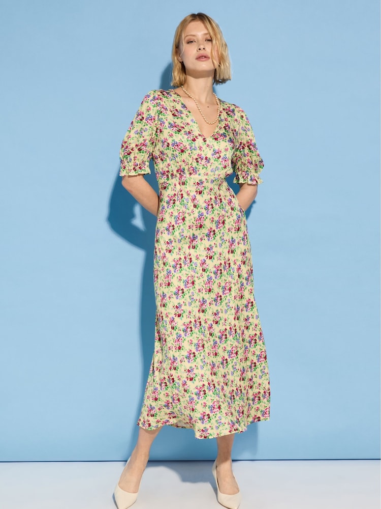 Baukjen Lottie Satin Midi Tea Butter Floral Print Yellow Dress - Image 1 of 5