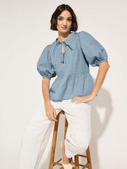 Baukjen Blue 100% Cotton Azura Organic Cotton Tie Detail Blouse - Image 1 of 3