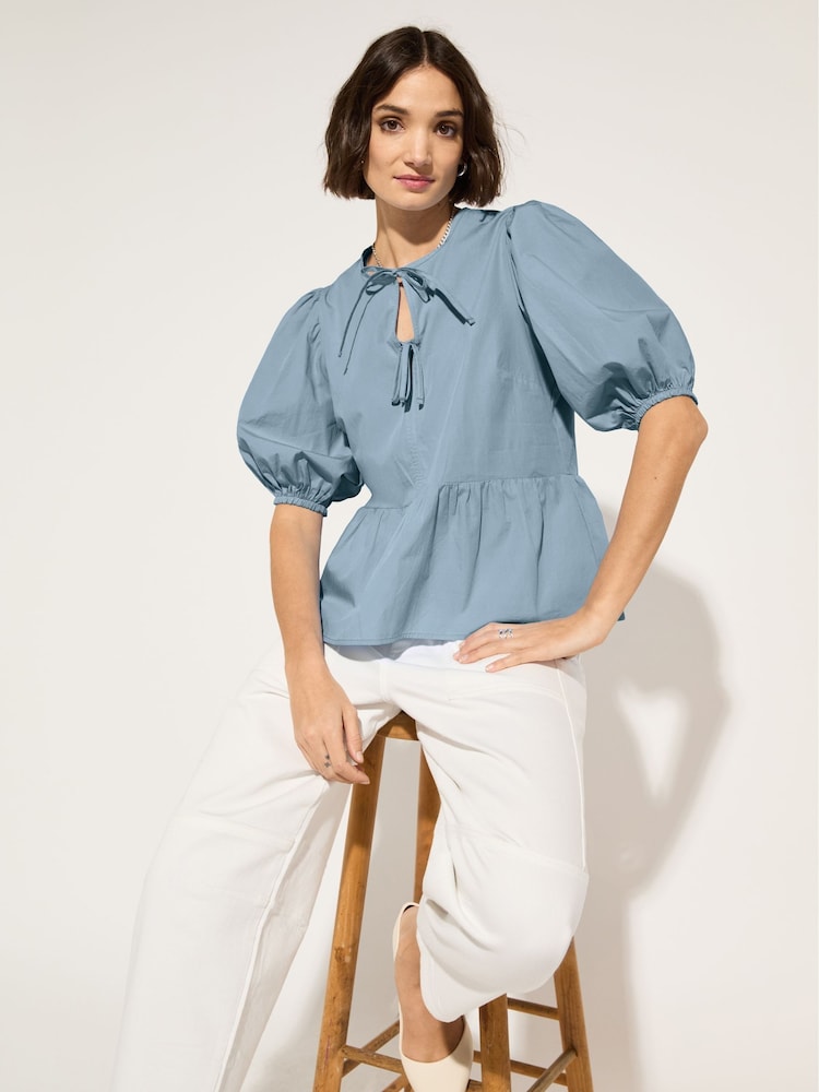 Baukjen Blue 100% Cotton Azura Organic Cotton Tie Detail Blouse - Image 1 of 3