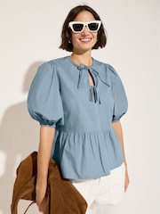 Baukjen Blue 100% Cotton Azura Organic Cotton Tie Detail Blouse - Image 2 of 3