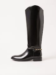 Lipsy Black Glossy Patent Knee High Low Block Heel Riding Boots with Gold Stirrup Chain Detail - Image 5 of 5