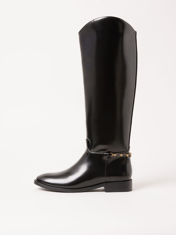 Lipsy Black Glossy Patent Knee High Low Block Heel Riding Boots with Gold Stirrup Chain Detail - Image 5 of 5