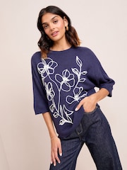 Friends Like These Navy Cornelli Detail Knitted T-Shirt - Image 1 of 4