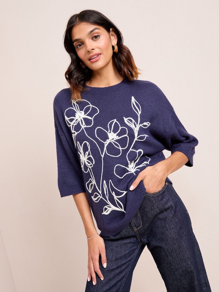 Friends Like These Navy Cornelli Detail Knitted T-Shirt - Image 1 of 4 Friends Like These Navy Cornelli Detail Knitted T-Shirt - Image 1 of 4