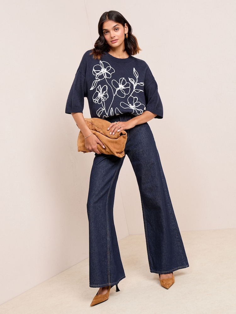 Friends Like These Navy Cornelli Detail Knitted T-Shirt - Image 2 of 4 Friends Like These Navy Cornelli Detail Knitted T-Shirt - Image 2 of 4