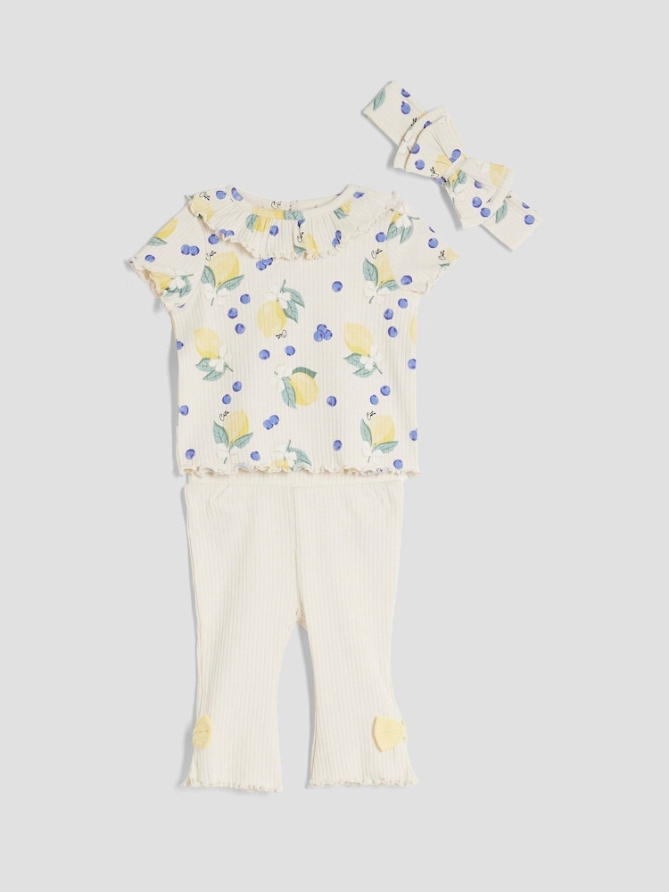 River Island Brown Baby Girls Beige Lemon Kickflare Tops & Leggings Set 3 Pack - Image 1 of 5