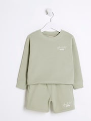 River Island Green Boys MB Ame Le Nuit Crew 100% Cotton Shorts Set - Image 1 of 5