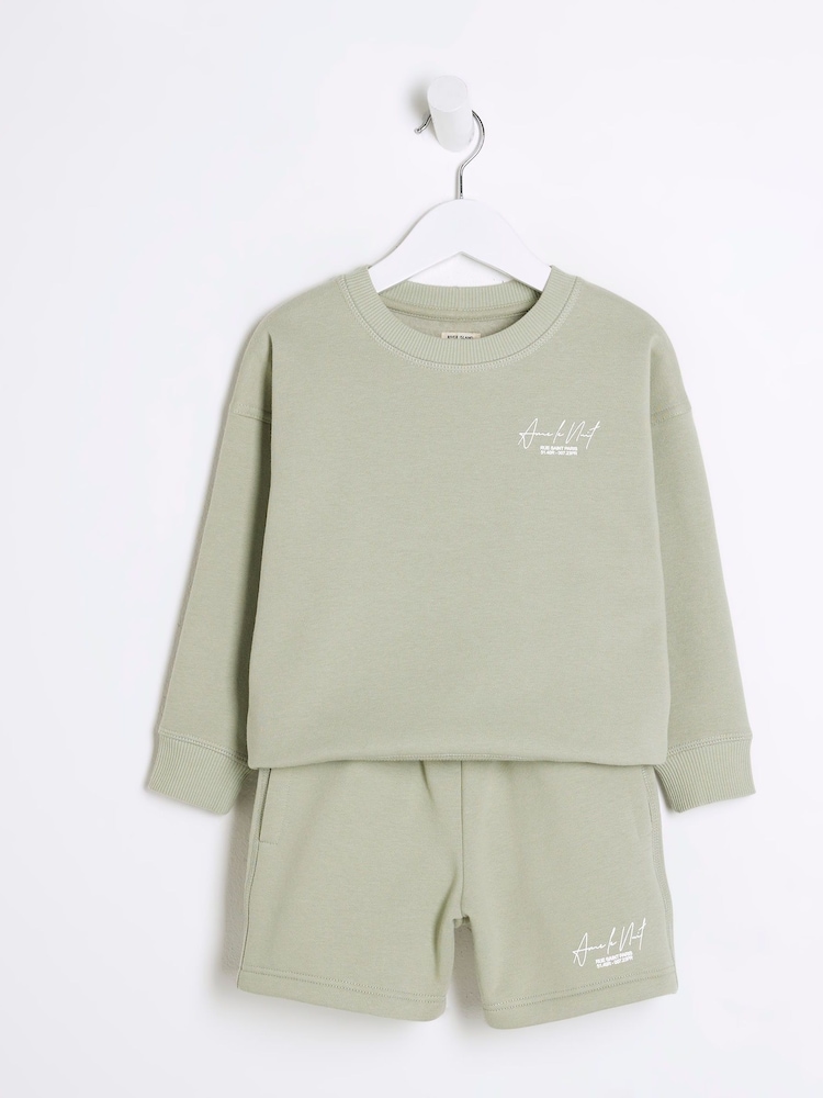 River Island Green Boys MB Ame Le Nuit Crew 100% Cotton Shorts Set - Image 1 of 5