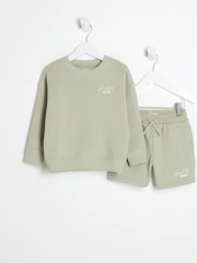 River Island Green Boys MB Ame Le Nuit Crew 100% Cotton Shorts Set - Image 2 of 5