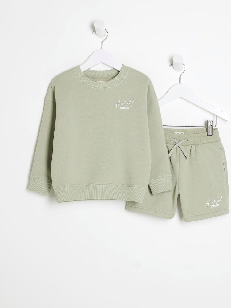 River Island Green Boys MB Ame Le Nuit Crew 100% Cotton Shorts Set - Image 2 of 5