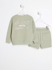 River Island Green Boys MB Ame Le Nuit Crew 100% Cotton Shorts Set - Image 3 of 5