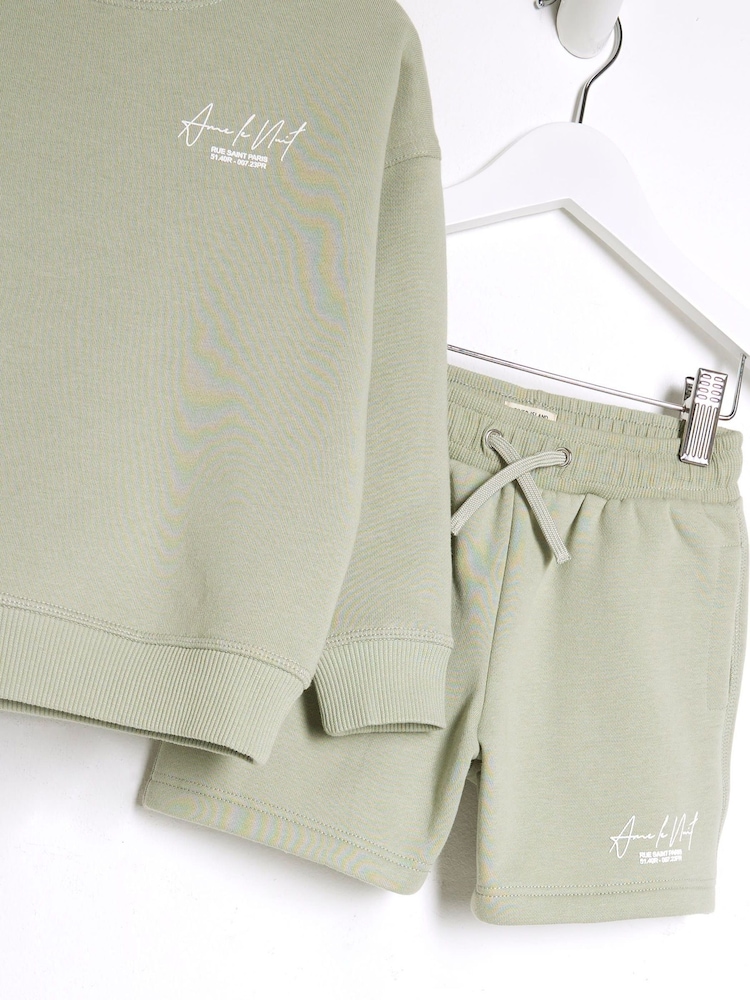 River Island Green Boys MB Ame Le Nuit Crew 100% Cotton Shorts Set - Image 5 of 5