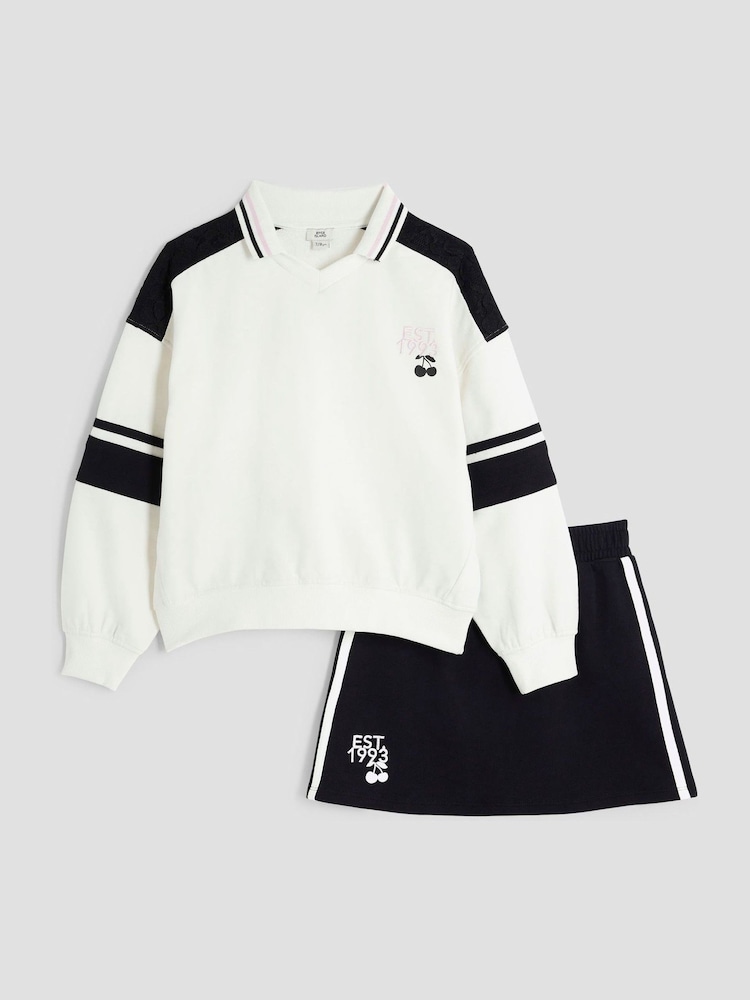 River Island White Girls Collar 100% Cotton Sweat and Skirt Set - Image 1 of 5
