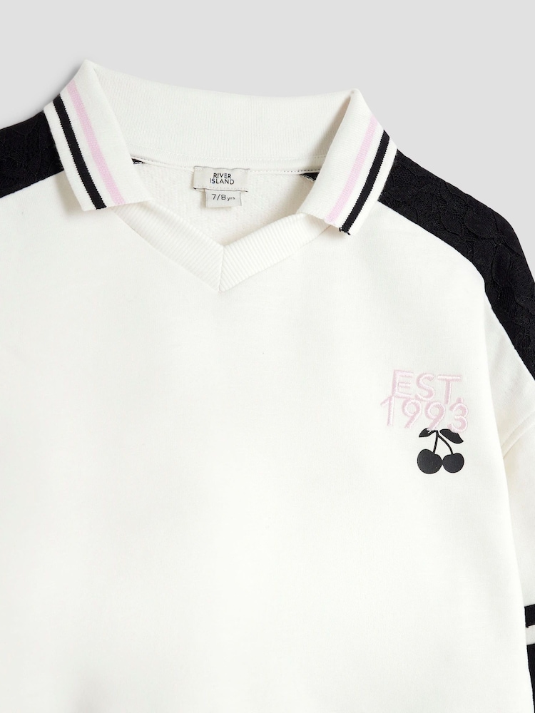 River Island White Girls Collar 100% Cotton Sweat and Skirt Set - Image 4 of 5