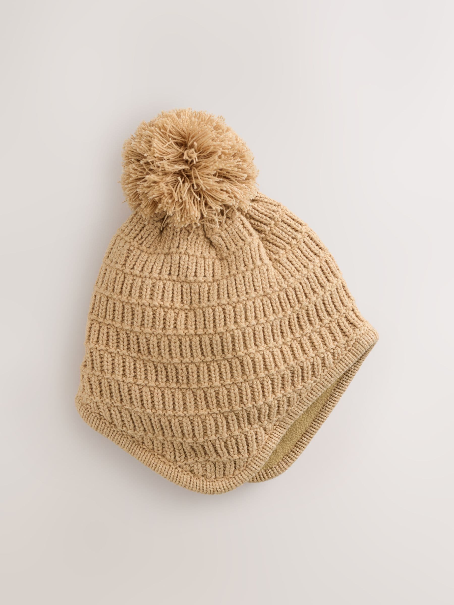 Buy Natural Borg Baby Knitted Trapper Hat With Pom (0mths-2yrs