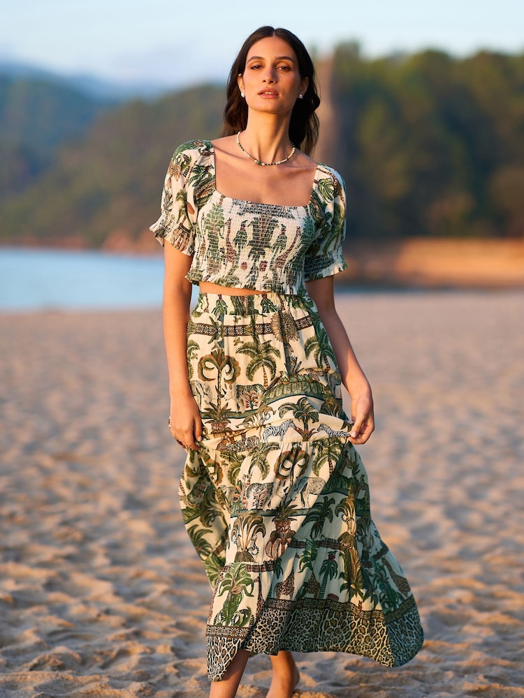 Yumi Green 100% Cotton Voile Safari Midi Skirt - Image 3 of 5