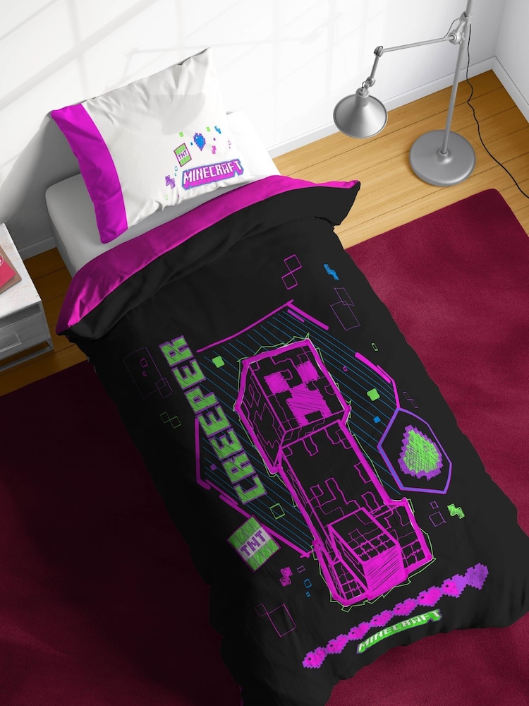 Jay Franco Black Minecraft Neon Creeper 100% Cotton Single Duvet Set - Image 1 of 6