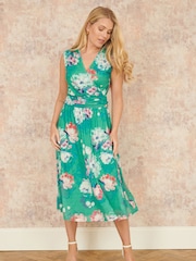Yumi Green Blossom Print Stretch Mesh Dress With Pockets - Image 2 of 5