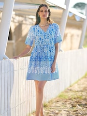 Yumi Blue Viscose Palm Relaxed Tunic Dress - Image 1 of 5