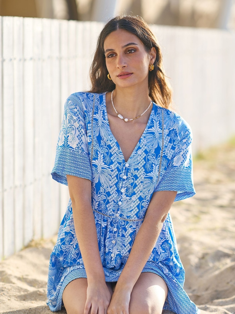 Yumi Blue Viscose Palm Relaxed Tunic Dress - Image 2 of 5