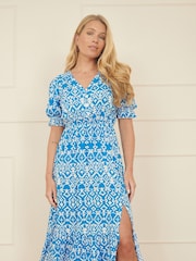 Yumi Blue Geo Print Puff Sleeve Midi Split Hemline Dress - Image 1 of 5
