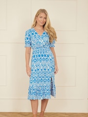 Yumi Blue Geo Print Puff Sleeve Midi Split Hemline Dress - Image 2 of 5