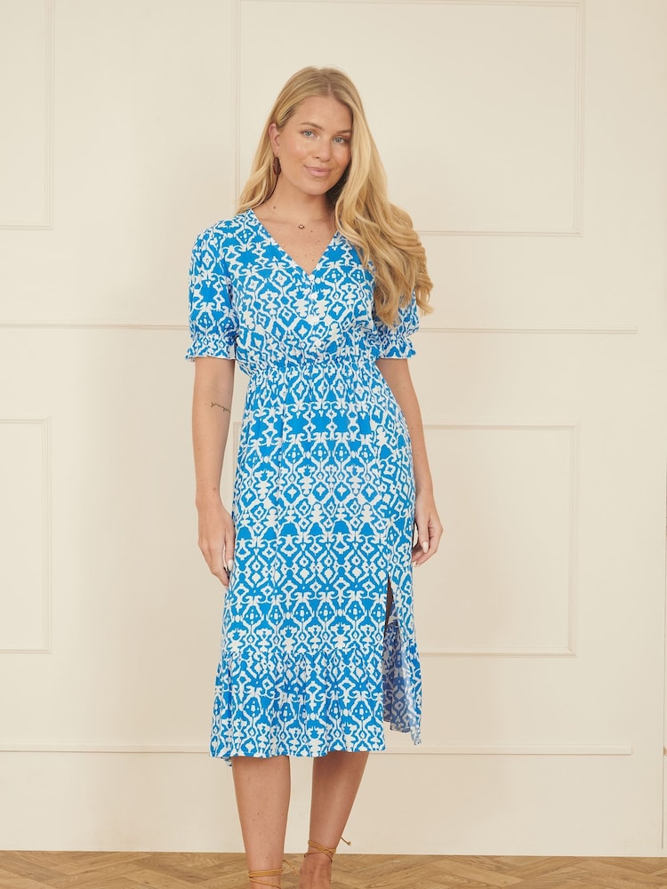 Yumi Blue Geo Print Puff Sleeve Midi Split Hemline Dress - Image 2 of 5