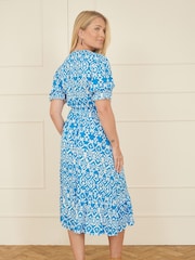Yumi Blue Geo Print Puff Sleeve Midi Split Hemline Dress - Image 4 of 5