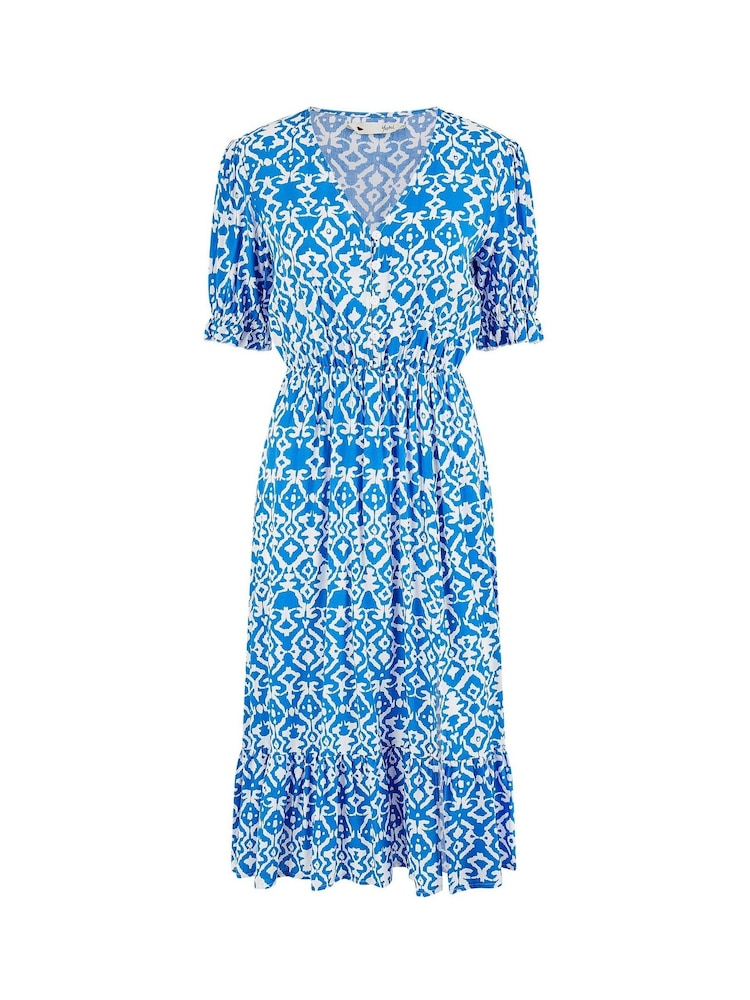Yumi Blue Geo Print Puff Sleeve Midi Split Hemline Dress - Image 5 of 5