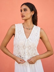 Yumi Cream Crochet Lace Tie Waistcoat - Image 1 of 5