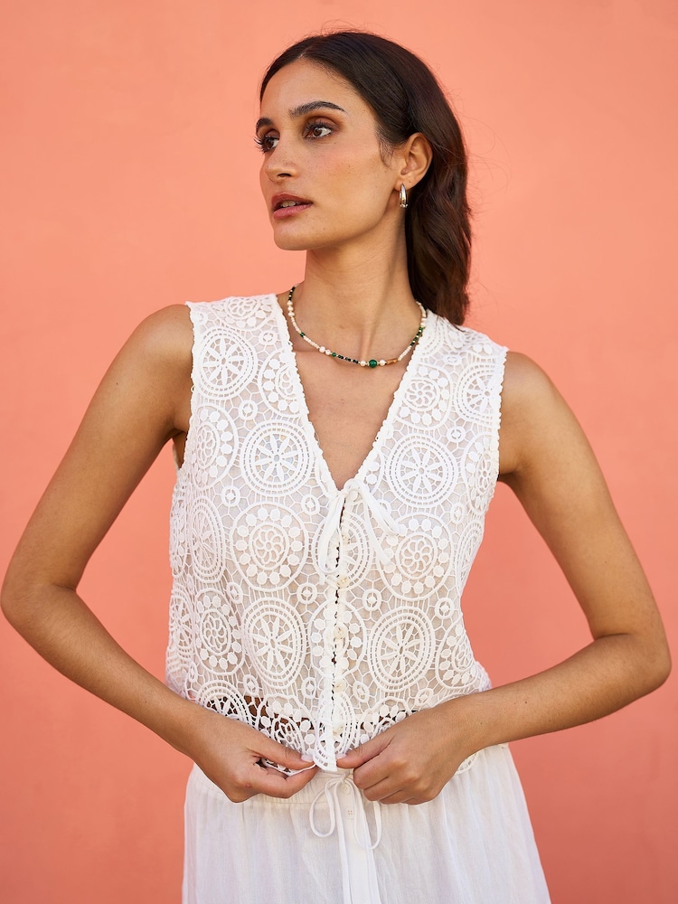 Yumi Cream Crochet Lace Tie Waistcoat - Image 1 of 5