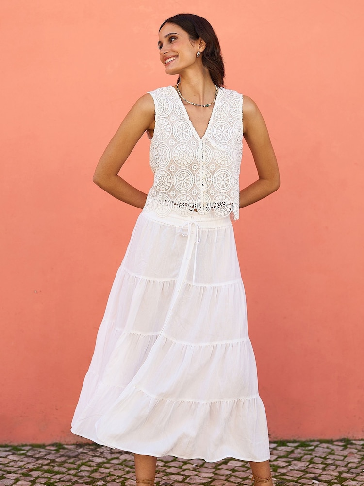 Yumi Cream Crochet Lace Tie Waistcoat - Image 2 of 5
