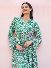 Yumi Green Viscose Ikat Print 3/4 Sleeve Tunic Dress - Image 1 of 5