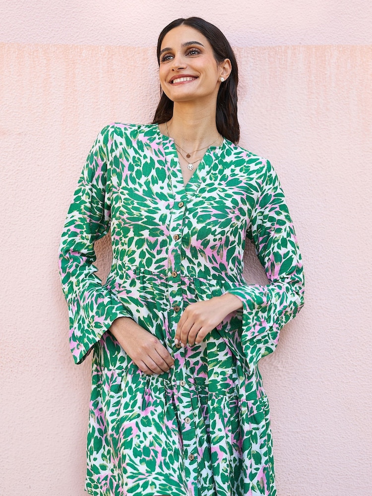 Yumi Green Viscose Ikat Print 3/4 Sleeve Tunic Dress - Image 1 of 5